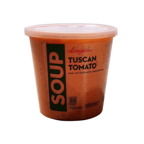 Longo’s Tuscan tomato soup made with diced and fire-roasted tomatoes in a ready-to-heat tub.